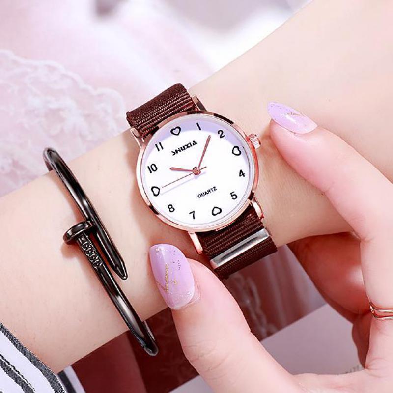 

Wristwatches Fashion Round Quartz Stainless Steel Dial Casual Wrist Watch Fabric Strap Fashionable Clock For Waterproof Wristwatch Women, White