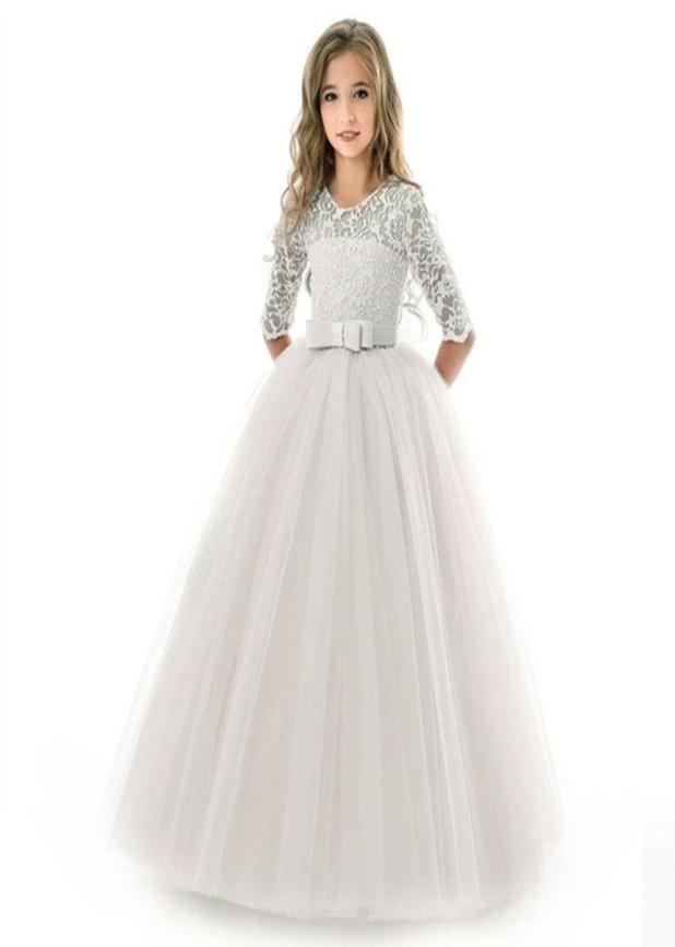 

Teens costume girls long Lace dress children clothing princess party flower kids tulle dress wedding first communion dress T2001064726844, White