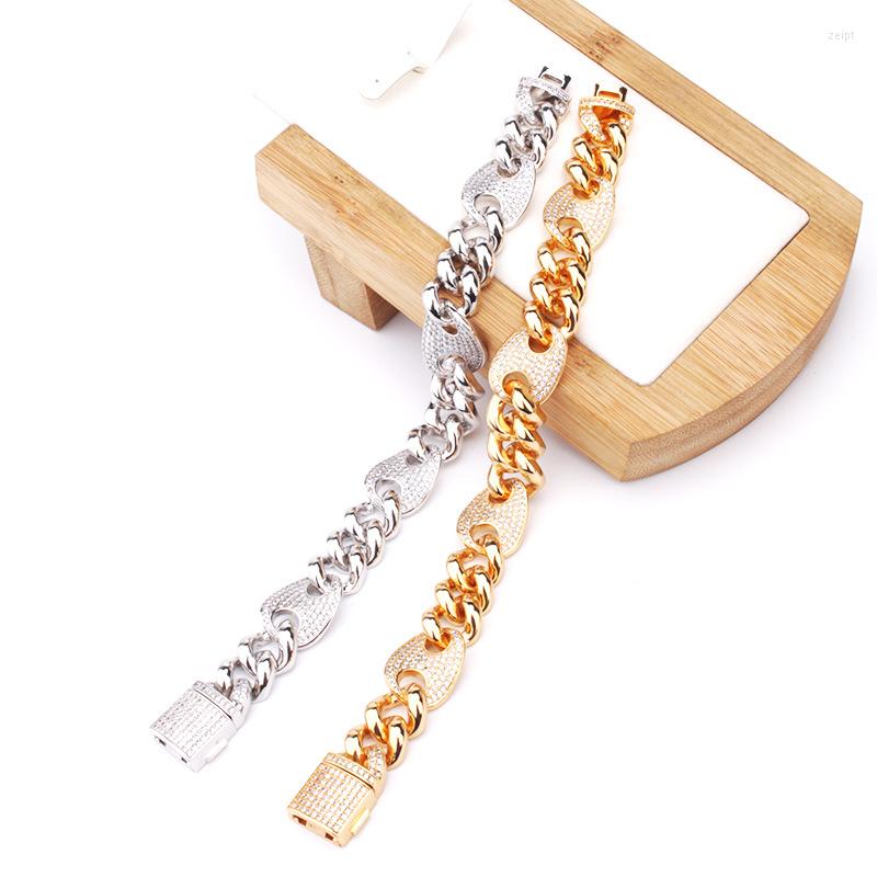 

Necklace Earrings Set Shine-wto Wide 15MM Street Hip Hop Style Men Women Plated Gold Color Alternate Cubic Zircon Rapper Cuban Chain, Picture shown