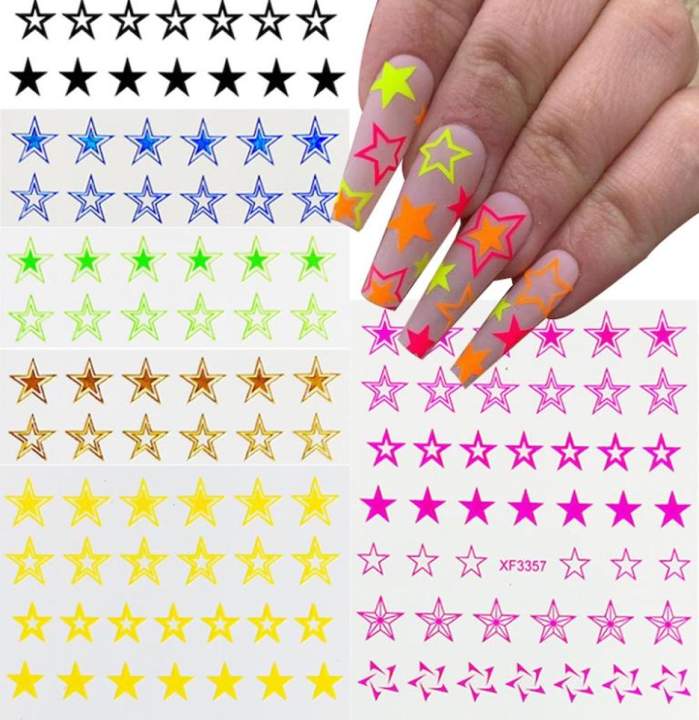 

50pcs New Fluorescence Hollow Stars Nail Art Sticker Fivepointed Star Art Decorations DIY Nail Accessories1283940, Light yellow