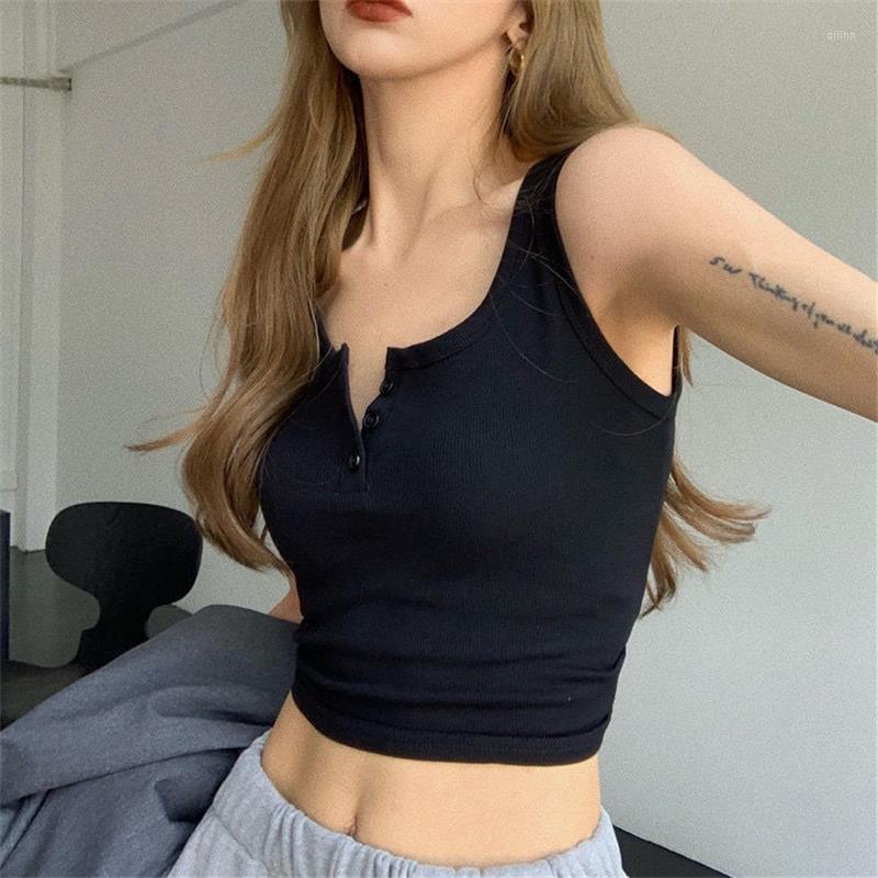 

Women's Tanks Ribber Button Tank Vest For Women's Summer Top Streetwear Basic Short U-neck Crop, White