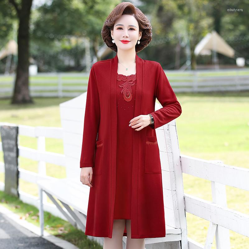 

Casual Dresses Women Dress Two Piece Knitting Suit Spring Fall Noble Elegant Cheongsam Middle-aged Mother Embroidered Set 5XL