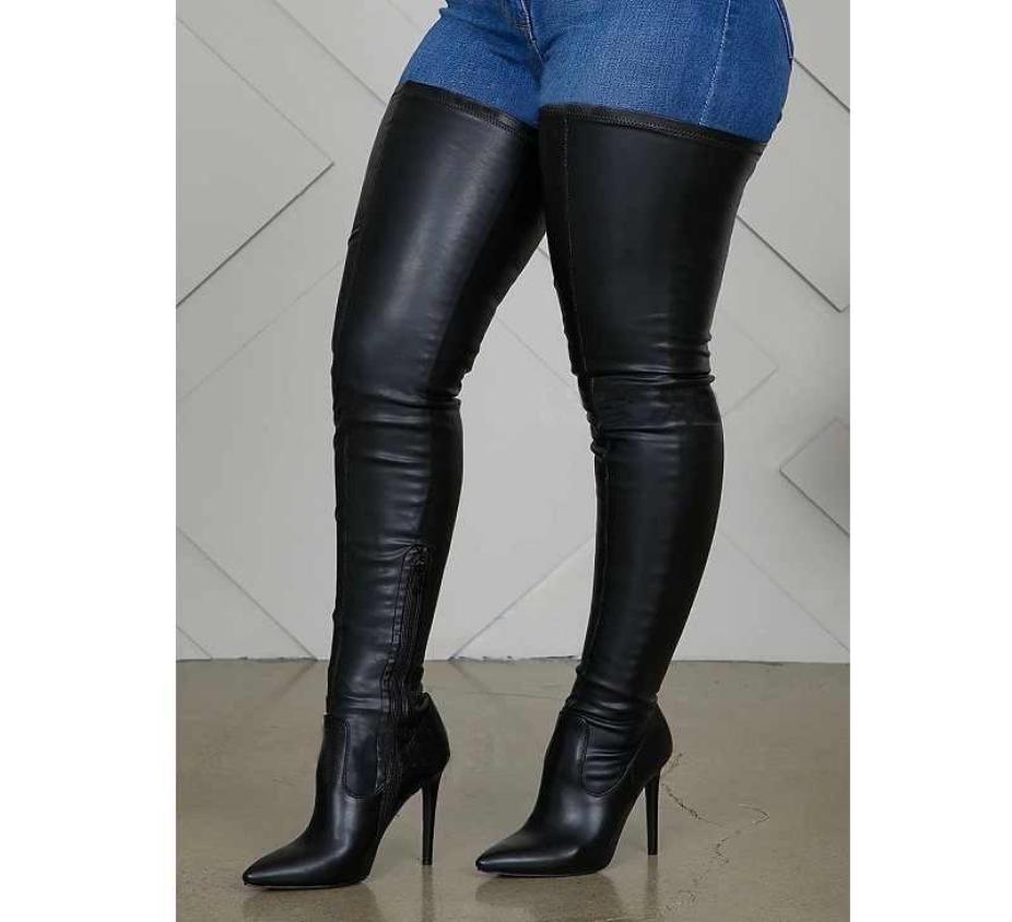 

Fahsion Autumn Womens Heels Boots Point Toe Solid Color Zipper Flock Warm Ladies Shoes OverTheKnee Boot Party Females Feetwear4285321, Black