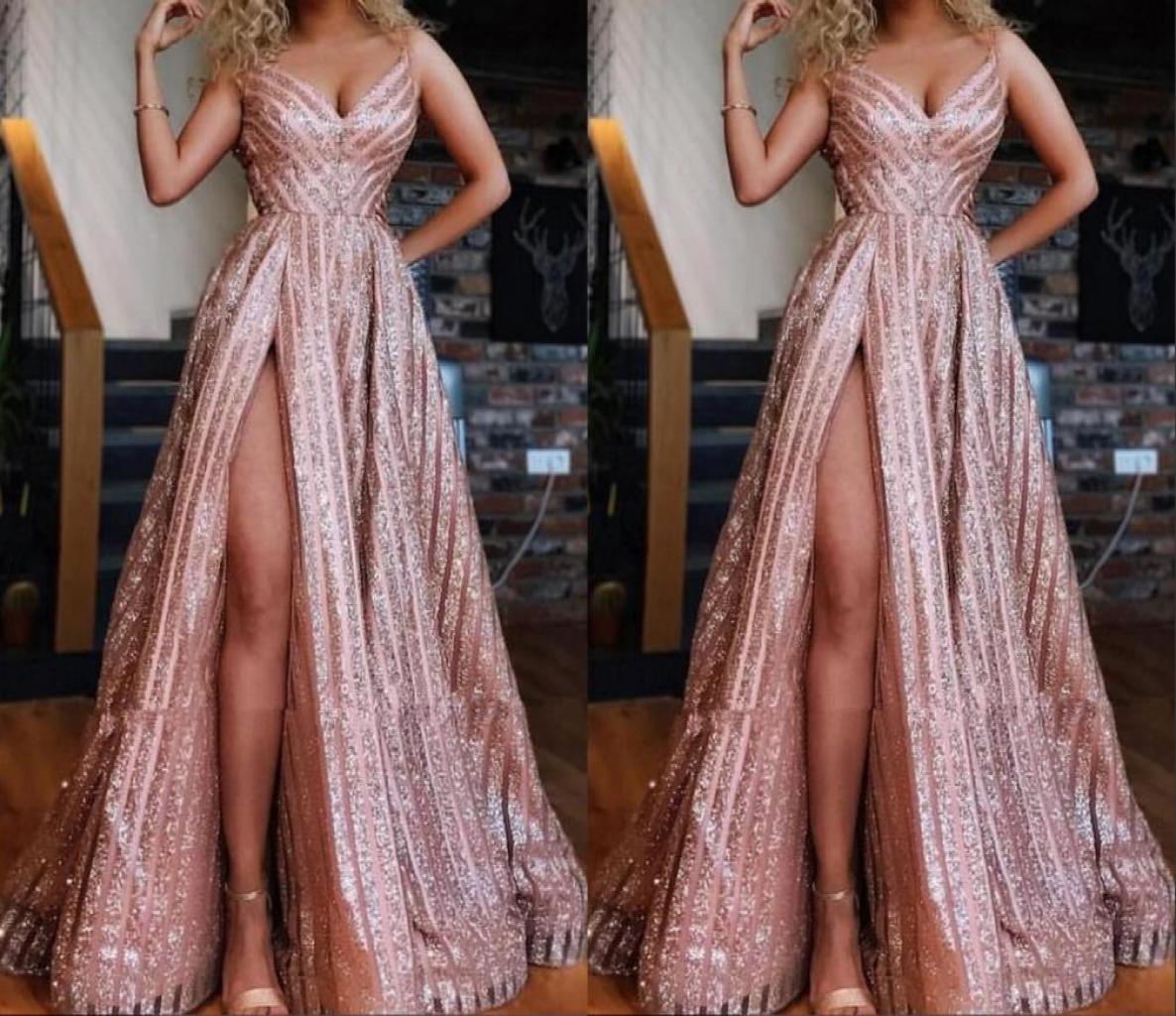 

Sparkly Rose Gold South African Prom Bridesmaid Dresses with Straps A line High Split Ruched Evening Formal Pageant Dress1715207, Chocolate