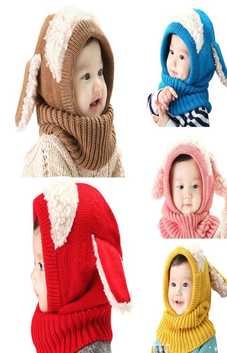 

Cute Baby Rabbit Ears Knitted Hat Infant Toddler Winter Warm Hat Beanies Cap with Hooded Scarf Earflap baby Kid Hat7464901, Red