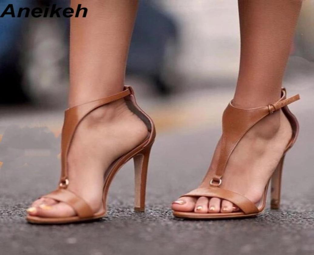 

Aneikeh NEW Brown T Strap Stiletto Heels Open Toe Sandals for Women Summer Buckle Strap Gladiator Sandals High Heels Shoe Black MX7433748