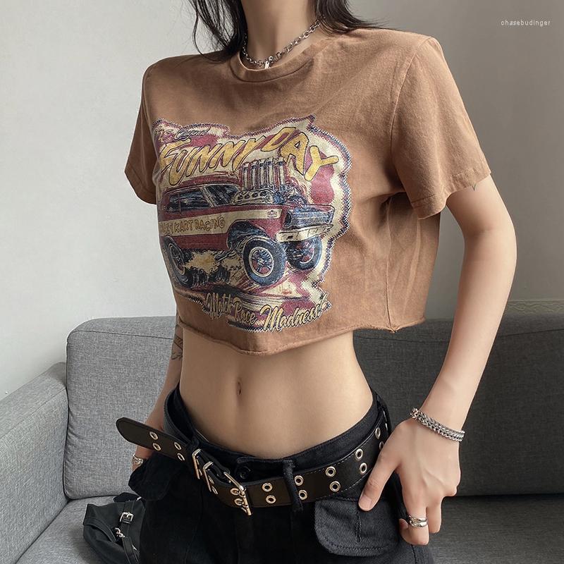 

Women' T Shirts Summer Letter Cartoon Graphic Print Loose Short Sleeve Crop Top Women Y2k O-neck Casual All Match Streetwear Chic Mujer, Brown
