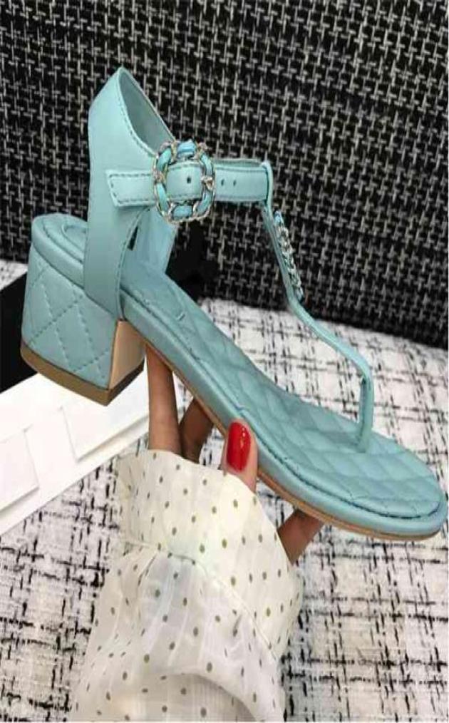 

New Summer Leather sandals fashion casual flip flops Med Heels Designer Shoes Women metal chain two slippers cool Y07145190055, Sky blue