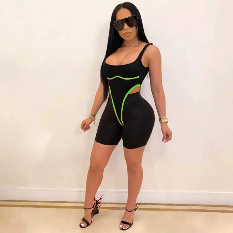 

Women' Tracksuits OMSJ 2 Piece Set Women Matching Sets Summer Fashion Neon Color Striped Spliced Tracksuit Sleeveless Backless Bodysuit And, Orange