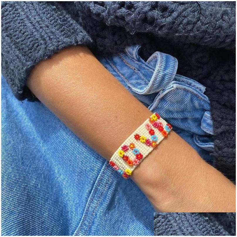 

Chain Link Bracelets Simple Bohemian Handmade Jewelry Miyuki Rice Beads Woven Small Daisy Flowers Love Letter Wide Bracelet Drop Deli Dhrw3