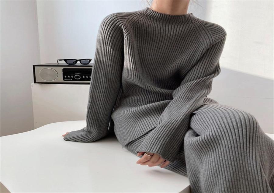 

Women039s Two Piece Pants HziriP Winter Knitted Loose Pieces Sets Chic Split Warm Elegant Pullovers Sweaters 2021 Wide Leg Stra1747637, Blue