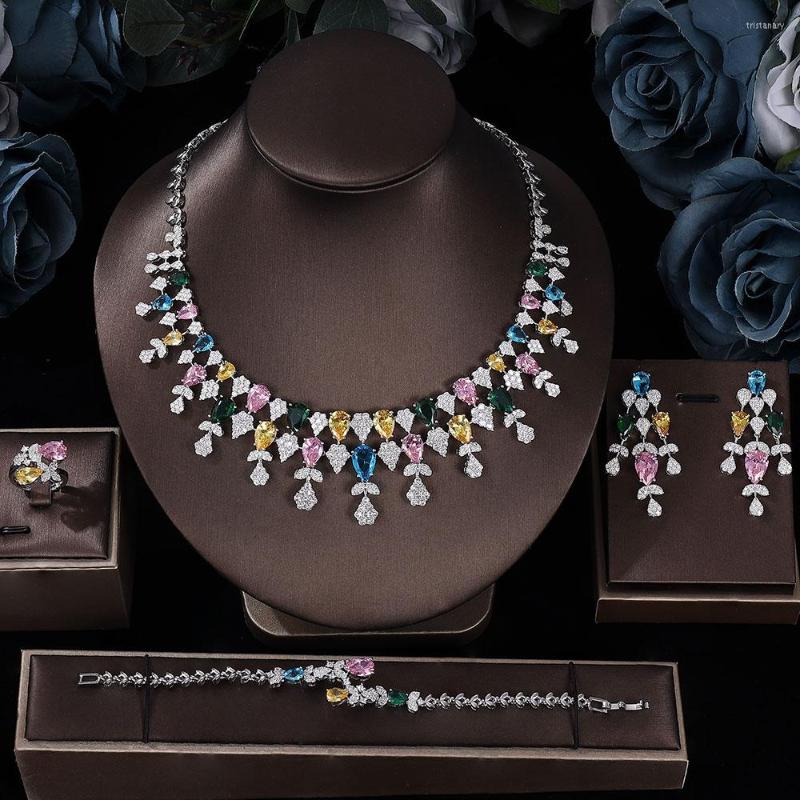 

Necklace Earrings Set Luxury Big 4 Pcs Jewelry With Cubic Zirconia For Women Bridal Party Wedding Accessories Saudi Arabic Dubai, Picture shown