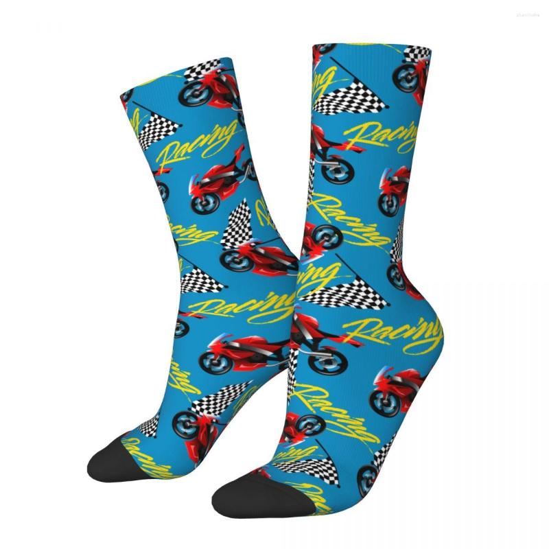 

Men's Socks Autumn Winter Colorful Unisex Red Motorcycle Racing With Checkered Flag Car Breathable Crew, White