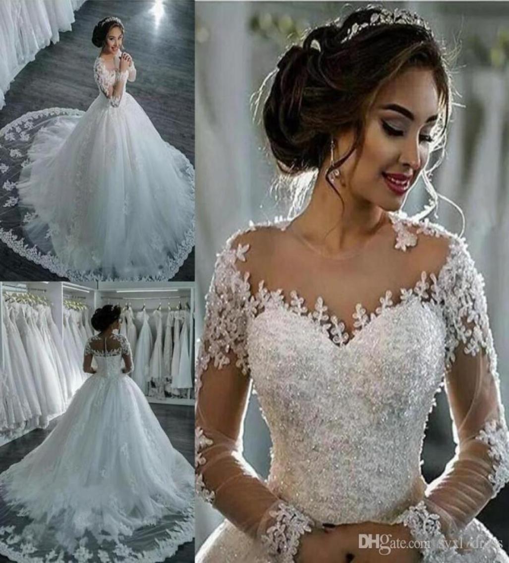 

Amazing Plus Size Ball Gown Weding Dresses Bridal Gowns 2019 Sheer Neck Lace Appliques Beads Illusion Long Sleeves Sweep Train Cus6535964, Ivory