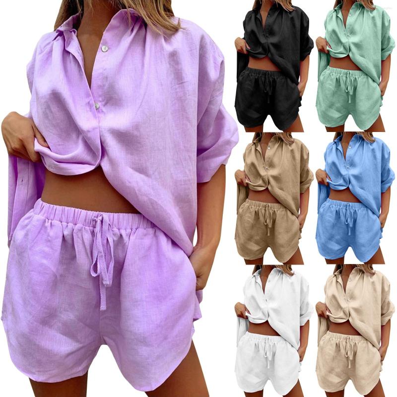 

Women' Tracksuits Women Casual 2 Piece Tracksuit Loose Button Blouse Shirt Top High Wasit Elastic Shorts Set Loungewear Fashion, Beige