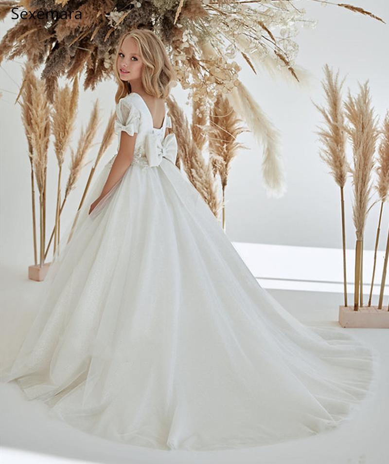 

Girl Dresses Ivory White Flower Sequins V Neck Kids Wedding Party Gown Girls Pageant Dress First Communion