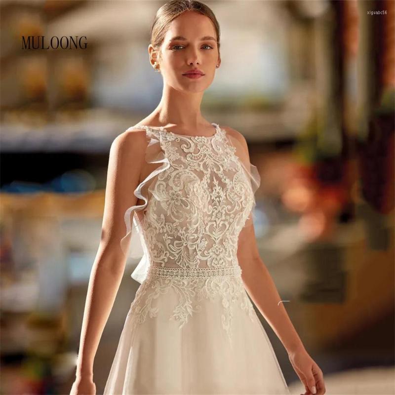 

Wedding Dress MULOONG Elegant High Neck Sleeveless Lace Applique Floor Length Sweep Train Side Slit Gowns Vestido De Novia, White
