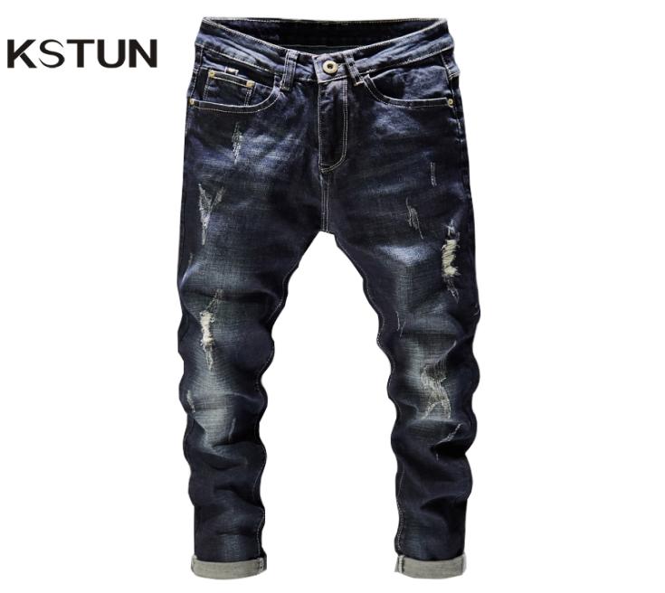 

Ripped Men Jeans Dark Blue Stretch Slim Fit Destroyed Broken Holes Denim Pants Casual Biker Jeans Male Hip hop Mens Punk Jeans 2012139667