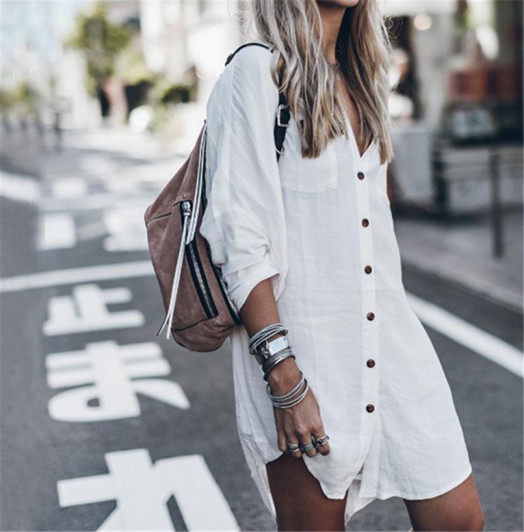

Summer Beach CoverUp Women Tops Swimsuit Cover Up Plus Size Long Sleeve White Cotton Shirt Dress Fashion Button Beachwear Tunic S2159802