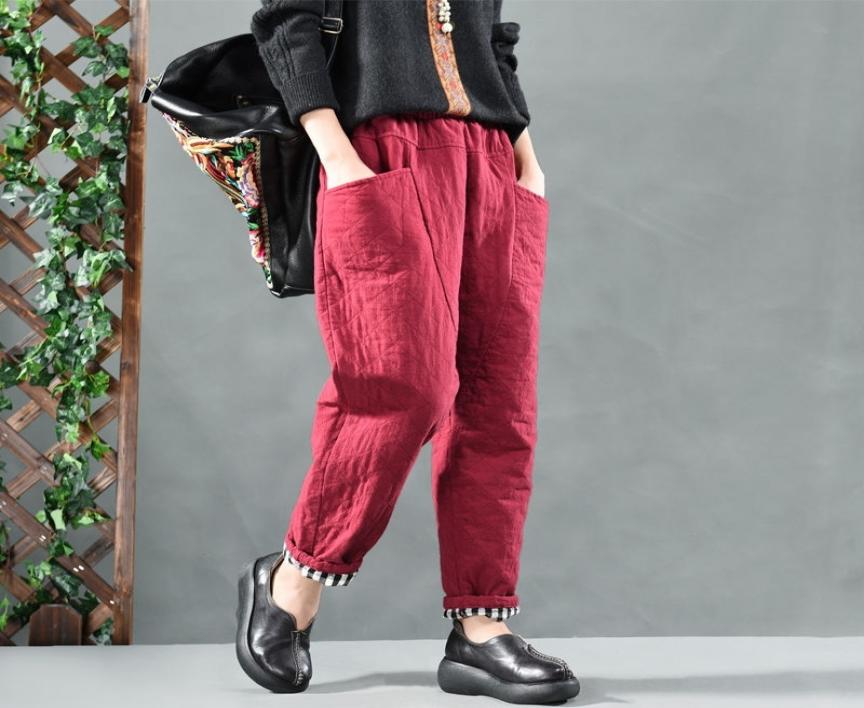 

Autumn Winter New Arts Style Women Elastic Waist Loose Cotton Linen Harem Pants quilted Cotton Big pocket Vintage Pants S404 201039128469, Black