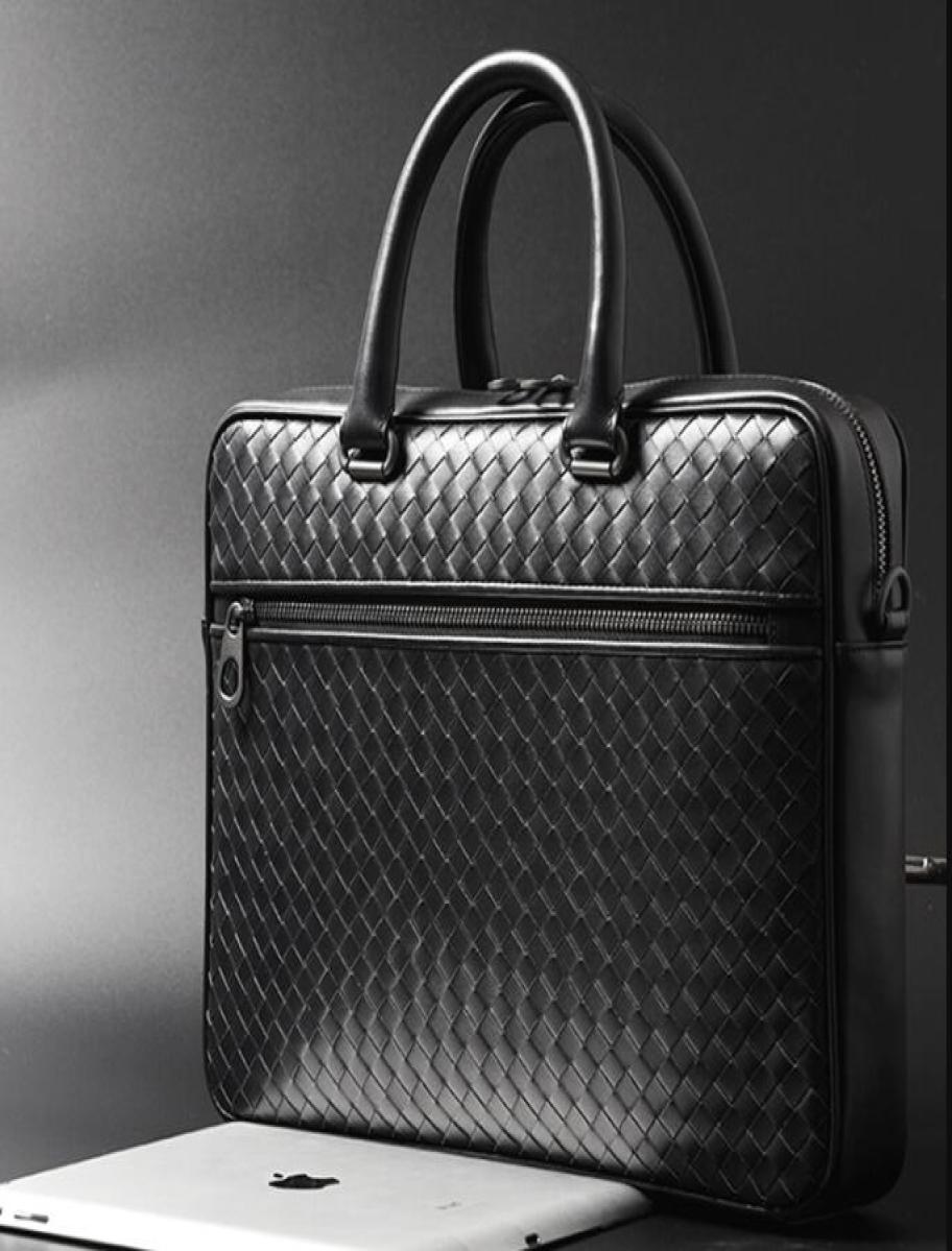 

Men Bags Mini Briefcase Handbags Leather Laptop Bag Cowskin Genuine Leather Woven Commercial Business Men039s Bags Small size4288528, Black