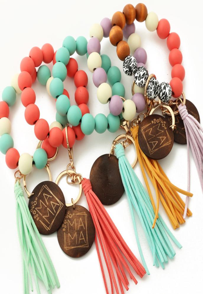

Leopard Beaded Keychain Tassel Keychain Pendant Wooden Beads Wrist Bracelet Key Chain Creative MAMA Mother039s Day Gift Keyring9195087