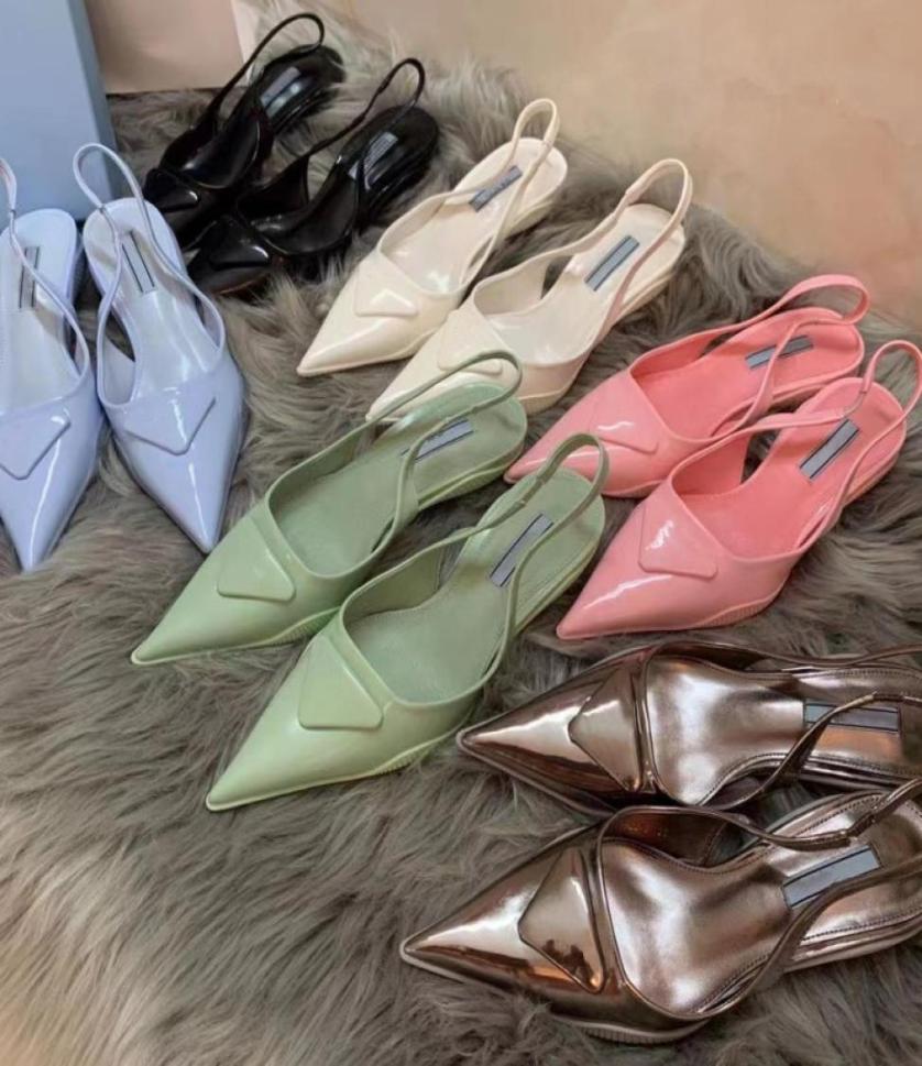 

Triangle Logo Sandals New Fashion Designer Shoes Letter Pointed High Heels Luxury Top Leather Back Strap Baotou Solid Jelly Clour 9924990, Pink