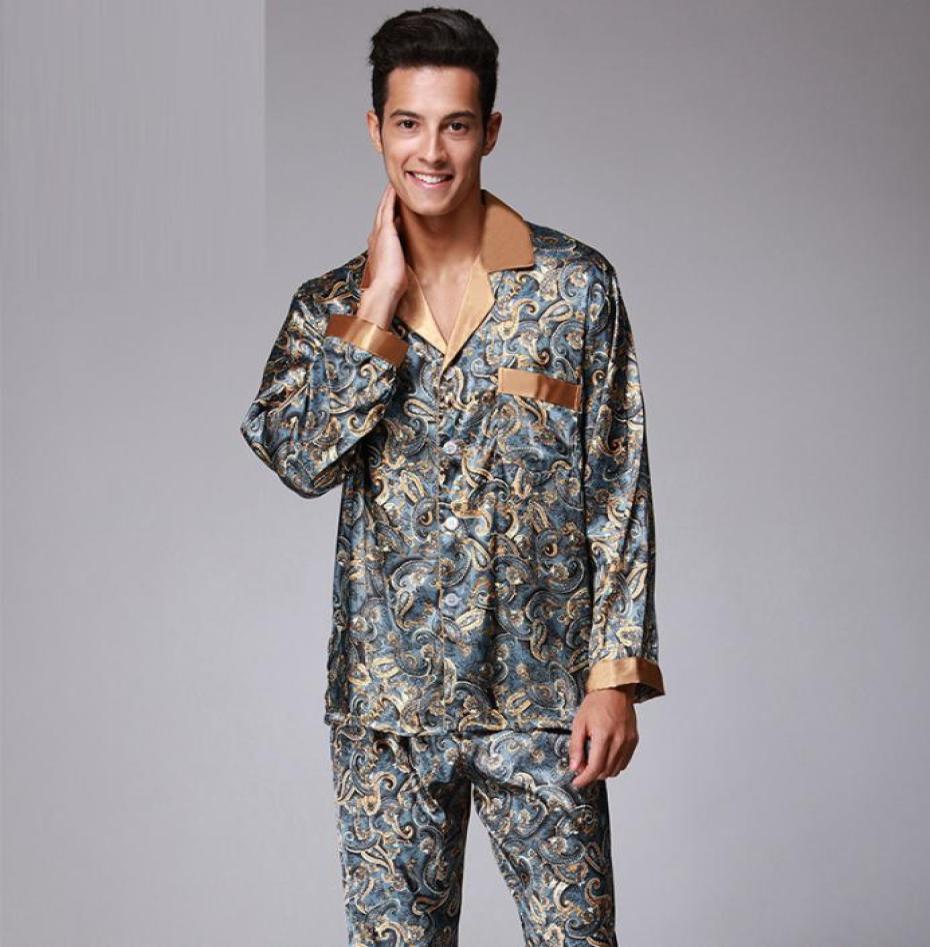 

Man039s Fashion V Neck Fake Silk Pajamas for Men with  XL XXL Size with Printing Open Shirt with Button Sleepwear For Men Long5560001, Beige