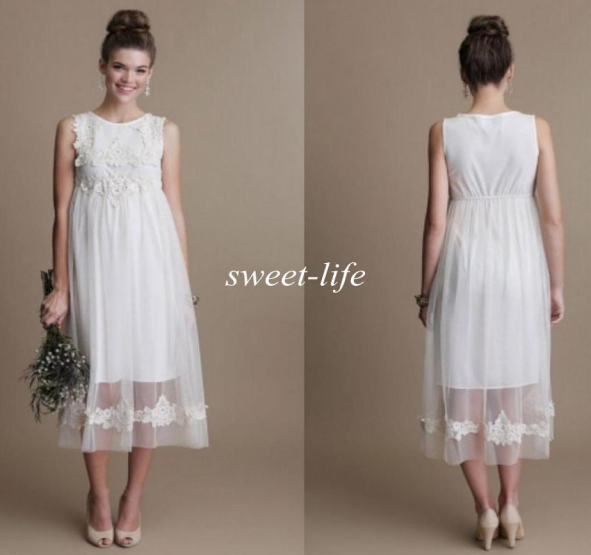 

Vintage Short Maternity Wedding Dresses Tea Length Tulle Lace Bateau Sleeveless Empire Waist 2019 Cheap Beach Wedding Party Bridal6353078, Champagne