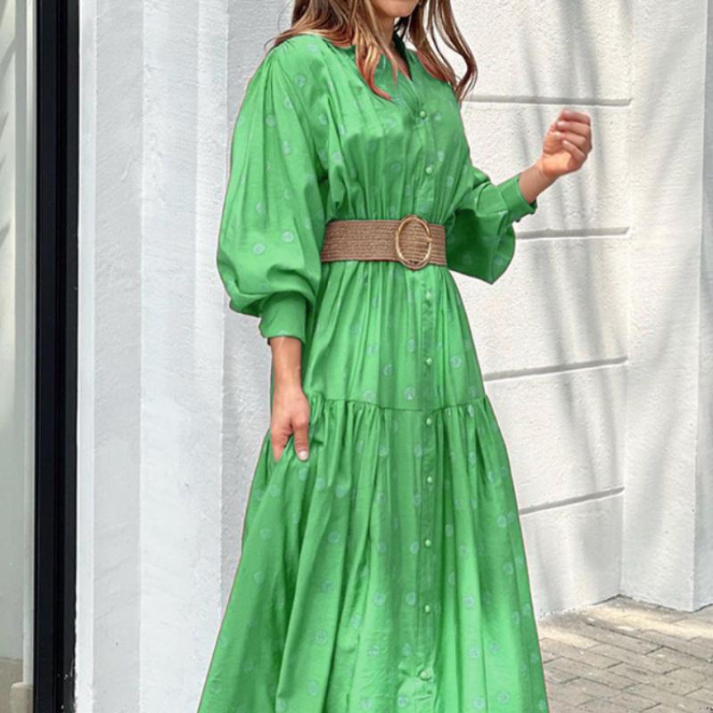 

Casual Dresses Spring Summer Loose Dress Women' Stand Collar Belt Polka Dot Printed Long Skirt Fashion Street Women Robe, Green