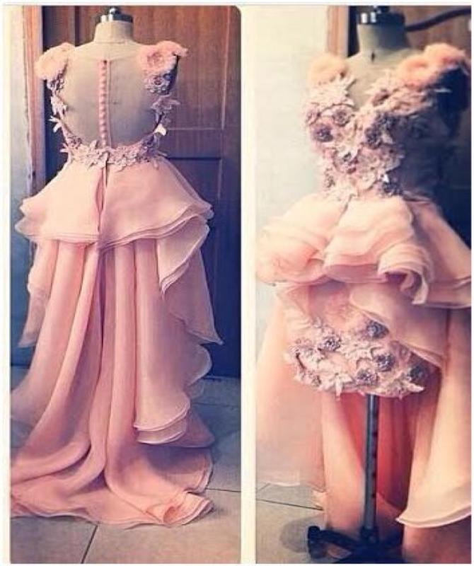 

2015 Coral Prom Dresses Sheer Sheath HI LO Beach Cocktail Dress with Peplum and 3D Flowers and Tiered Train Covered Buttons DHYZ 05625007, Hunter green