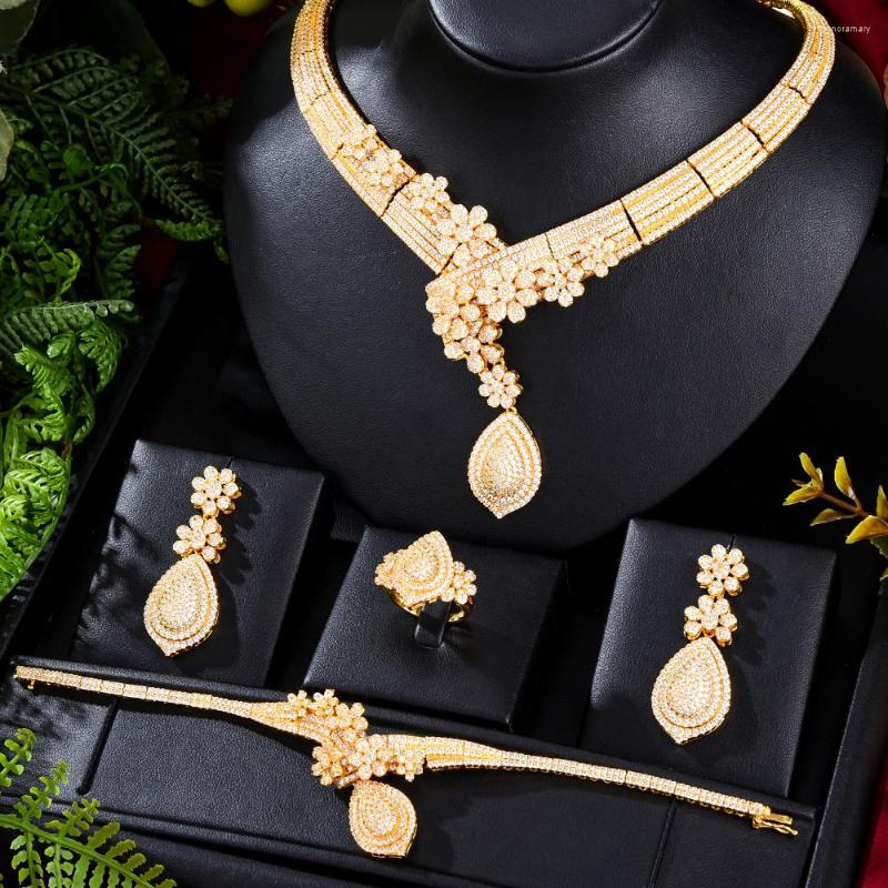 

Necklace Earrings Set GODKI Trendy 4PCS Luxury African Jewelry For Women Wedding Party Full Micro Zircon CZ Crystal Neckalce Earring, Picture shown