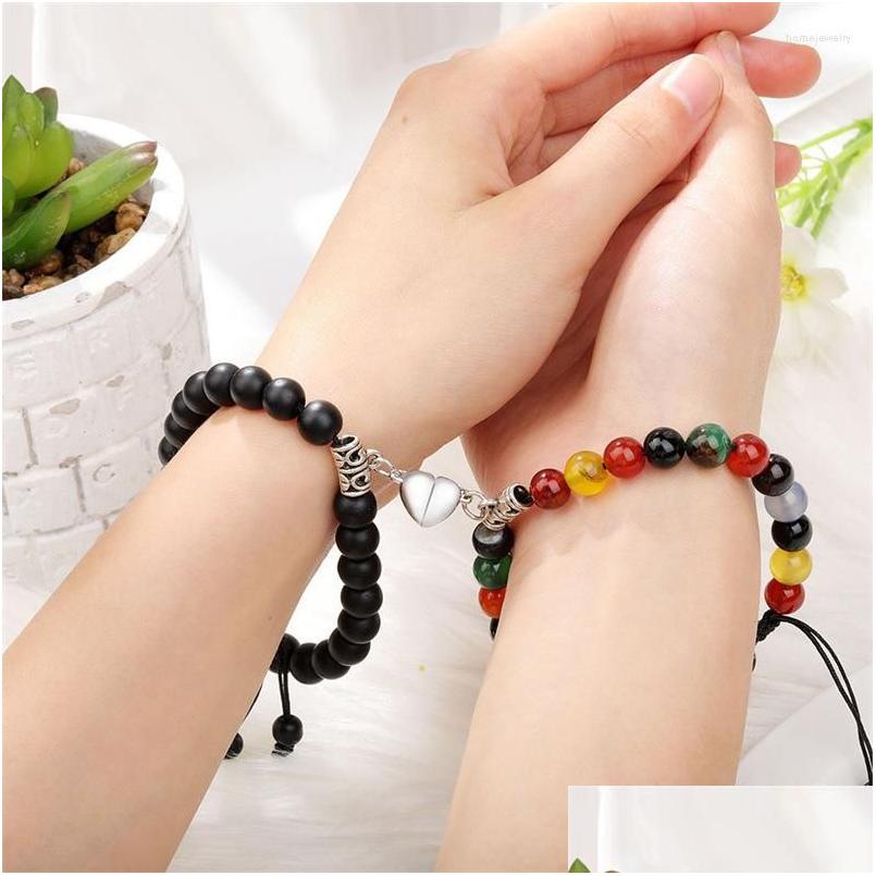 

Beaded Strand Heart Magnet Couple Bracelets For Women Men Fashion Tiger Eye Volcanic Stone Bracelet Lovers Romantic Jewelry Holiday Dhdbe