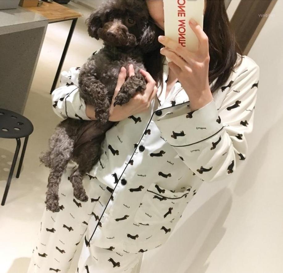 

Pajama Sets Women Dachshund cartoon Print 2 Pieces Long Sleeve Top Pants Elastic Waist Loose Home wear3273668, Beige