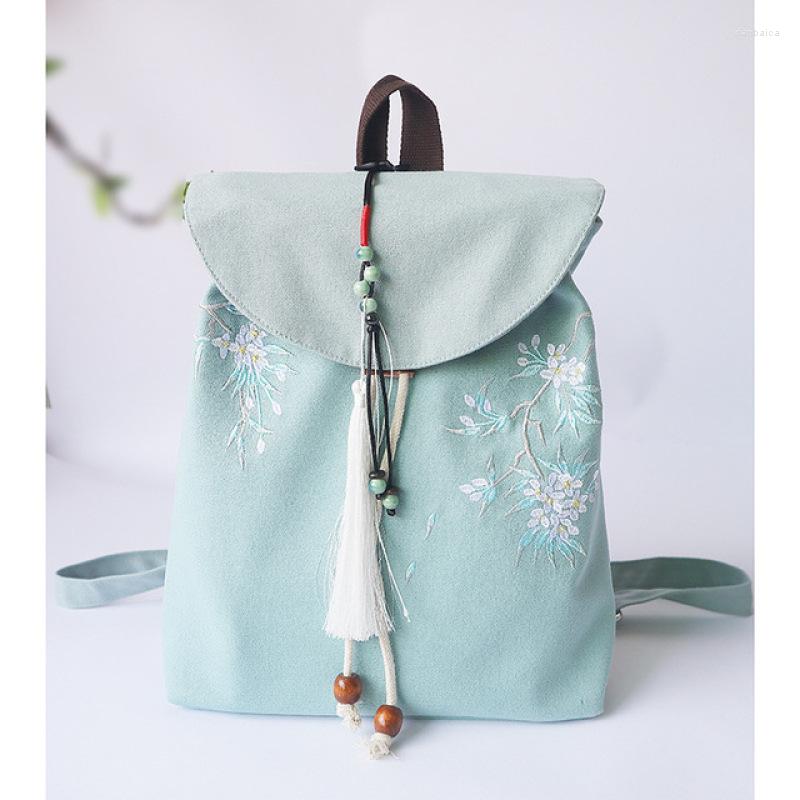 

School Bags 2023 Women's Canvas Girls Mouth Bag Embroidered Flower Backpack With Tassel Casual Bundle