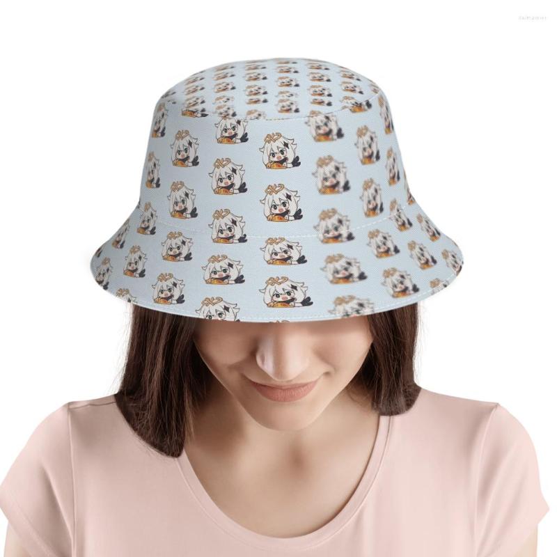 

Berets Genshin Impact GamePaimon Chibi Polyester Bucket Hats Unisex Full Printed Panama Fisherman Cap Outdoor Sun Hat, As the picture