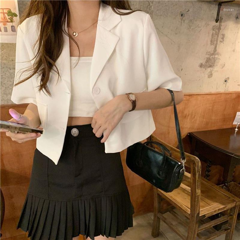 

Women' Suits Korean Short Sleeve Cropped Blazer Women 2023 Summer Double Button Thin Suit Jackets Woman Solid Turn Down Collar Coats, Green