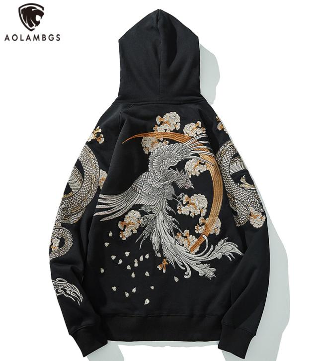 

Aolamegs Men039s Fleece Hoodies Japanese Hooded Sweatshirt Dragon Phoenix Embroidery Autumn Retro Casual Pullover High Street T2339999, Khaki