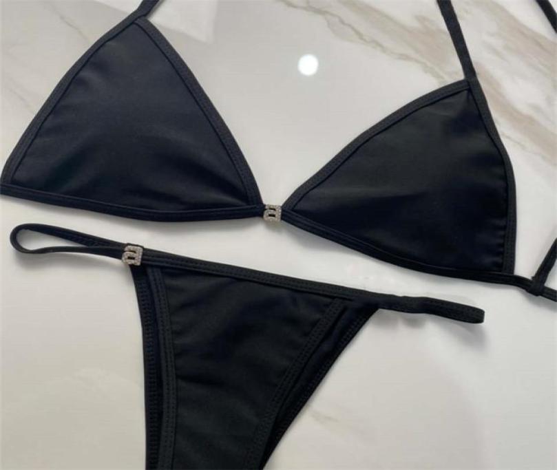 

Trendy Metal Chain Bikini Set Solid Black Color Letter Swimwears Summer Beachwear With Tags For Ladies Gift4648449
