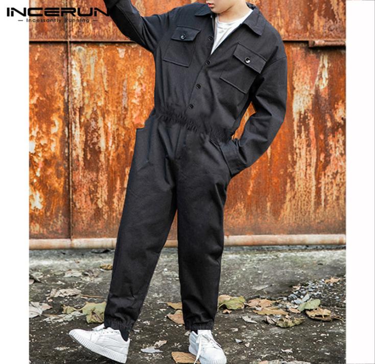 

INCERUN Fashion Men Cargo Overalls Punk Style Hiphop Pockets Pants Loose Solid Long Sleeve Rompers Men Jumpsuit Streetwear 20195197727, Black