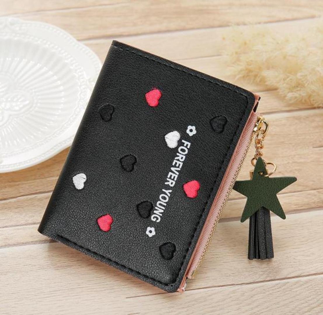 

Wallets Women039s Short Zipper Korean Version Embroidered Line Love Heart Tassel Leather Coin Purse Card Packet Cartera Mujer7681175, Black