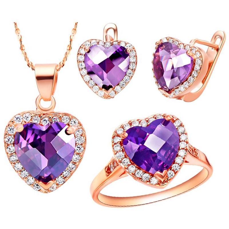 

Necklace Earrings Set & Women Romantic And Classic Heart Shape Purple Zircon Necklace/Ring/Earrings Rose Gold Selling T164-6#, Picture shown