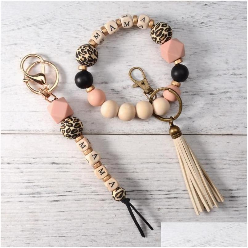 

Keychains Lanyards Mama Bracelet Keychain Leopard Print Sile Bead Fashion Bag Pendant 2022 Mother Day Gift Drop Delivery Accessorie Dhfyq