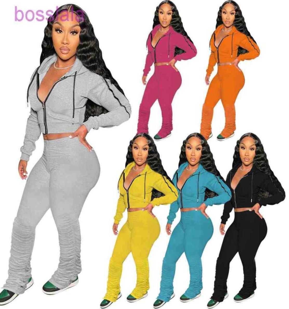 

Women Hoodie Tracksuits Fashion Two Pieces Stacked Pants Suit Solid Color Long Sleeve Zipper Sweater Jacket Fall And Winter Sports4116413, Pink