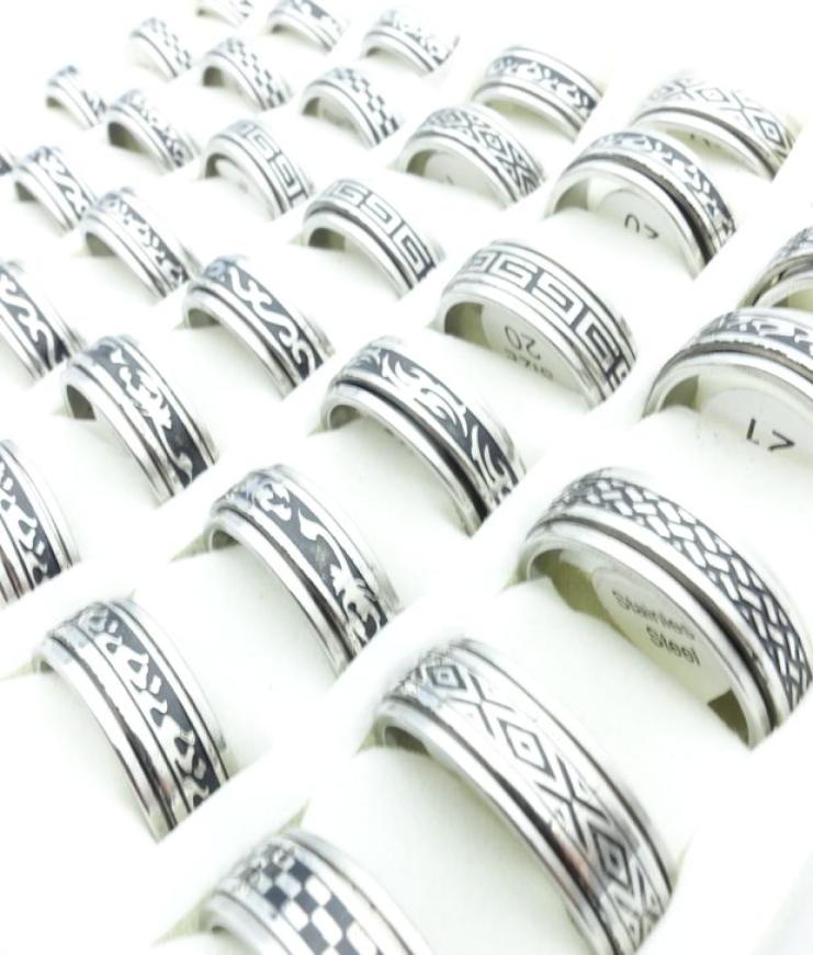 

Whole 100pcsLot Fashion Stainless Steel Spin Band Rings Black Etched Mixed Patterns Jewelry Mens Womens Rotatable Party Ring 7230515
