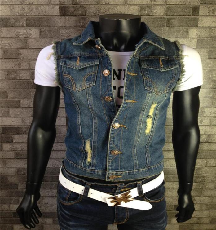 

6XL Mens Motorcycle Jeans Vest Spring Jackets Sleeveless Denim Waistcoats Korean Coats Slim Fit Tops Outwear Good Quality 20183359863, Blue