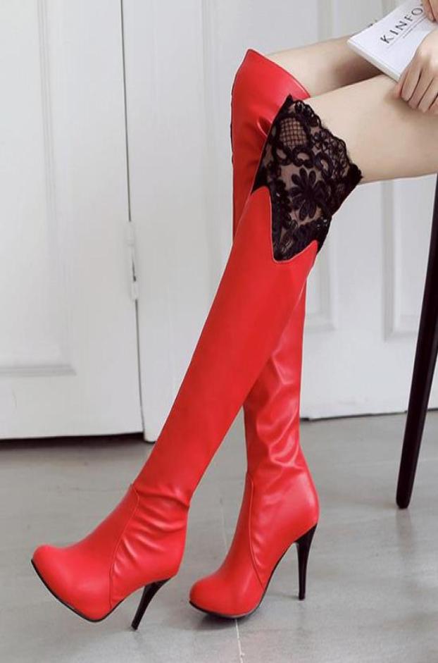 

big size 33 to 47 red black high heel over the knee thigh high boots white embroidery lace boots bridal wedding shoes5422195