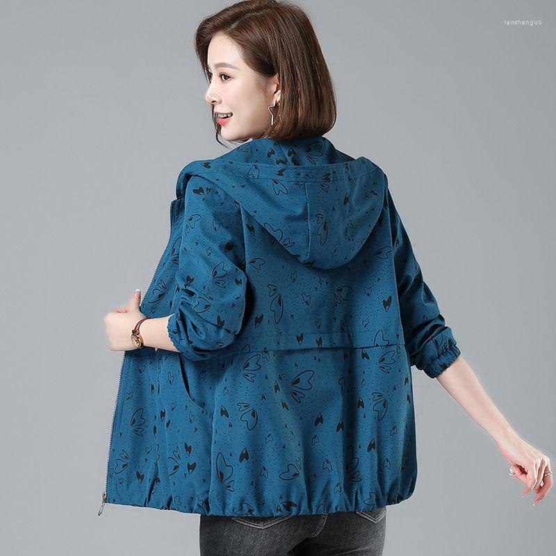 

Women's Jackets Spring Autumn Short Printed Windbreaker Jacket (lining) Korean Plus Size Female Loose Hooded Coat Casual Women's Zipper, Blue