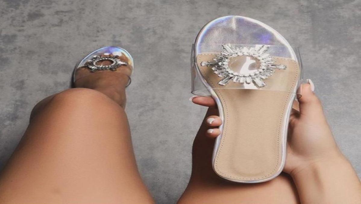 

Slippers 2021 PVC Transparent Crystal Sun Flowers Buckle Womens Summer Square Toe Ladies Strange High Heels Sandals Shoes3689642, Beige
