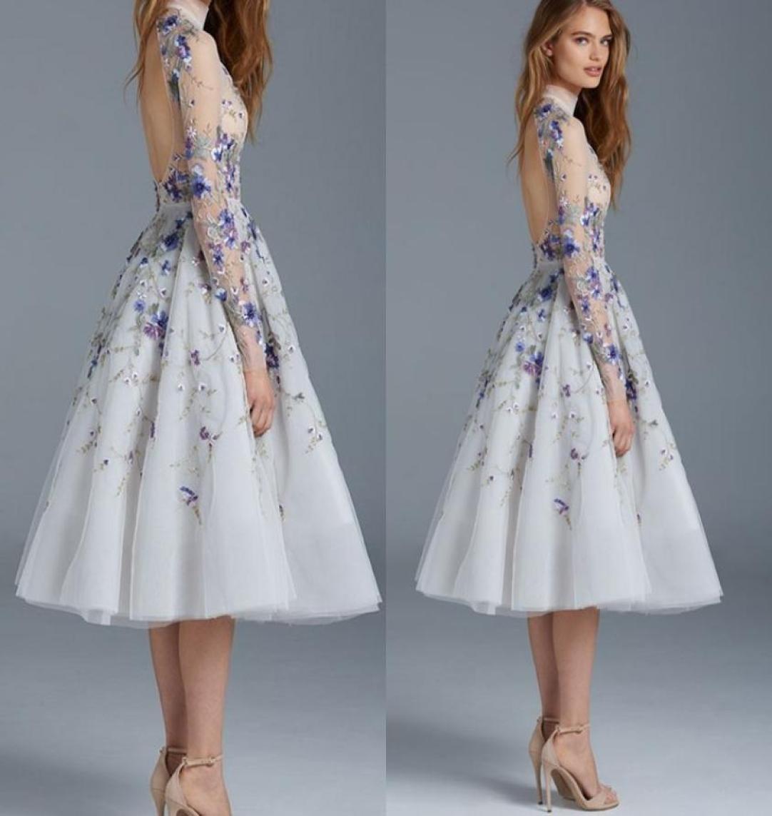 

Sheer High Neck Prom Dresses Fashion Paolo Sebastian Tea Length Formal Dresses Evening Gown Sexy Long Sleeves Applique Short Eveni7476824, Red